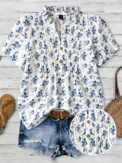 Franclia Plus Size Women Floral Print Short Sleeve Button Casual 70s Sequin Blouse,Blue And White Boho Blouse For Summer Vacation Holiday Beach Vacation