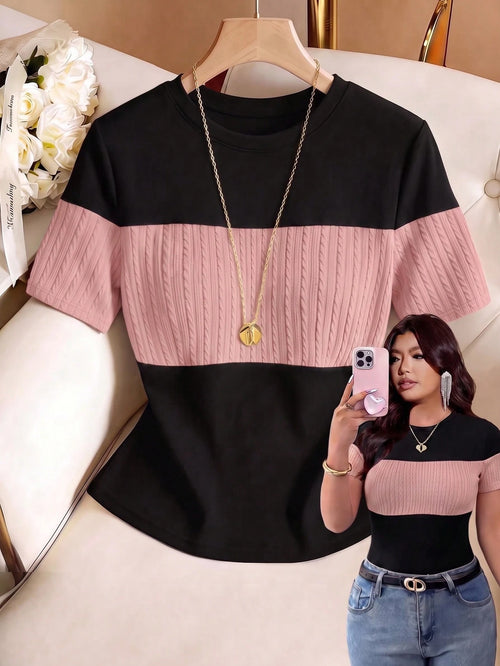 Franclia Plus Size Women's Black And Gold Patchwork Fitted Top Summer Business Casual Traditional