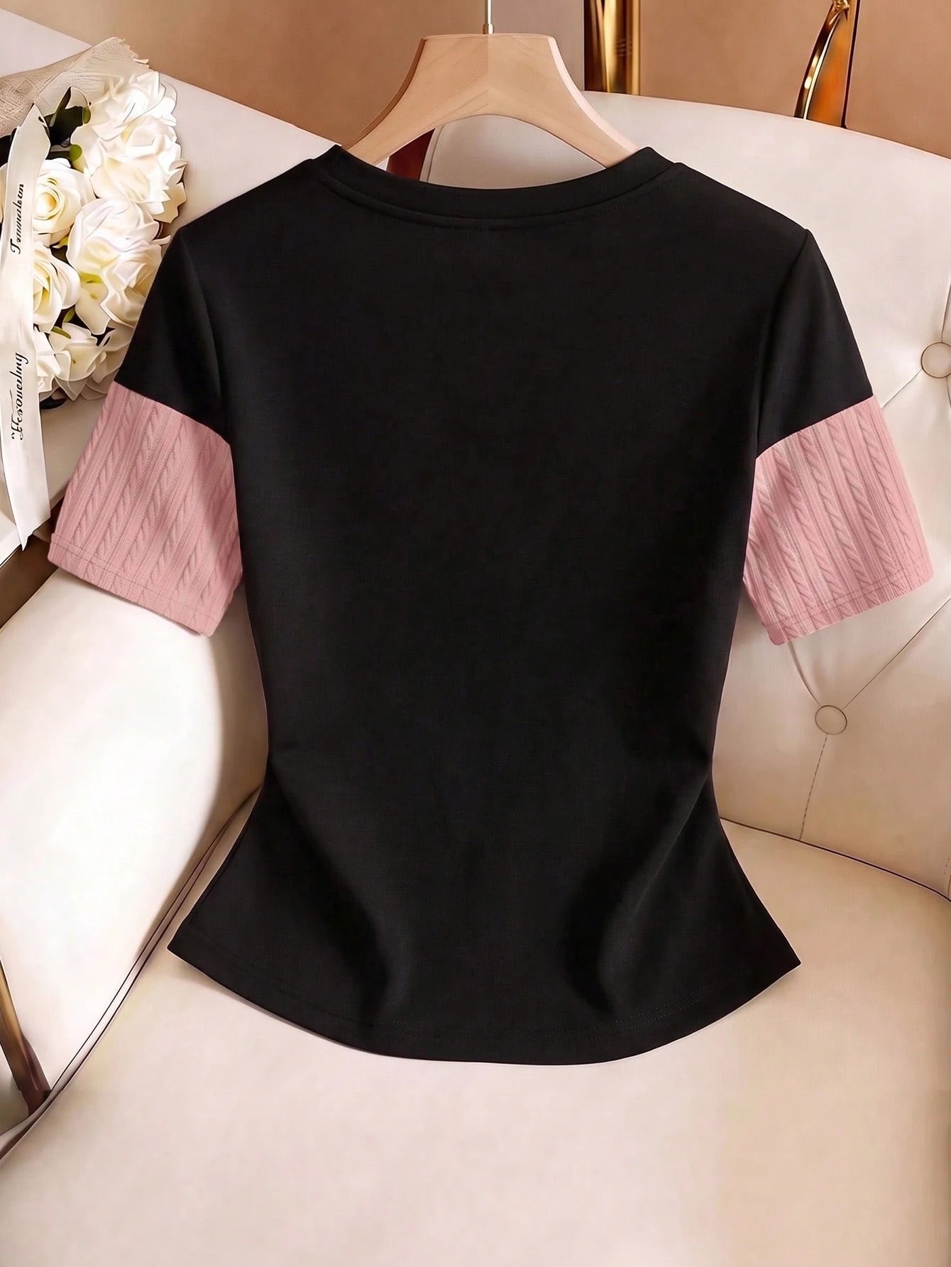 Franclia Plus Size Women's Black And Gold Patchwork Fitted Top Summer Business Casual Traditional