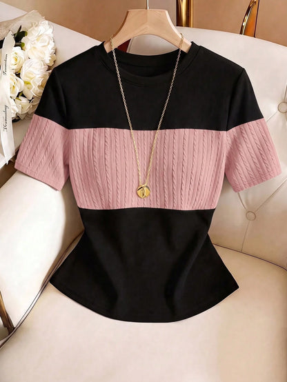 Franclia Plus Size Women's Black And Gold Patchwork Fitted Top Summer Business Casual Traditional