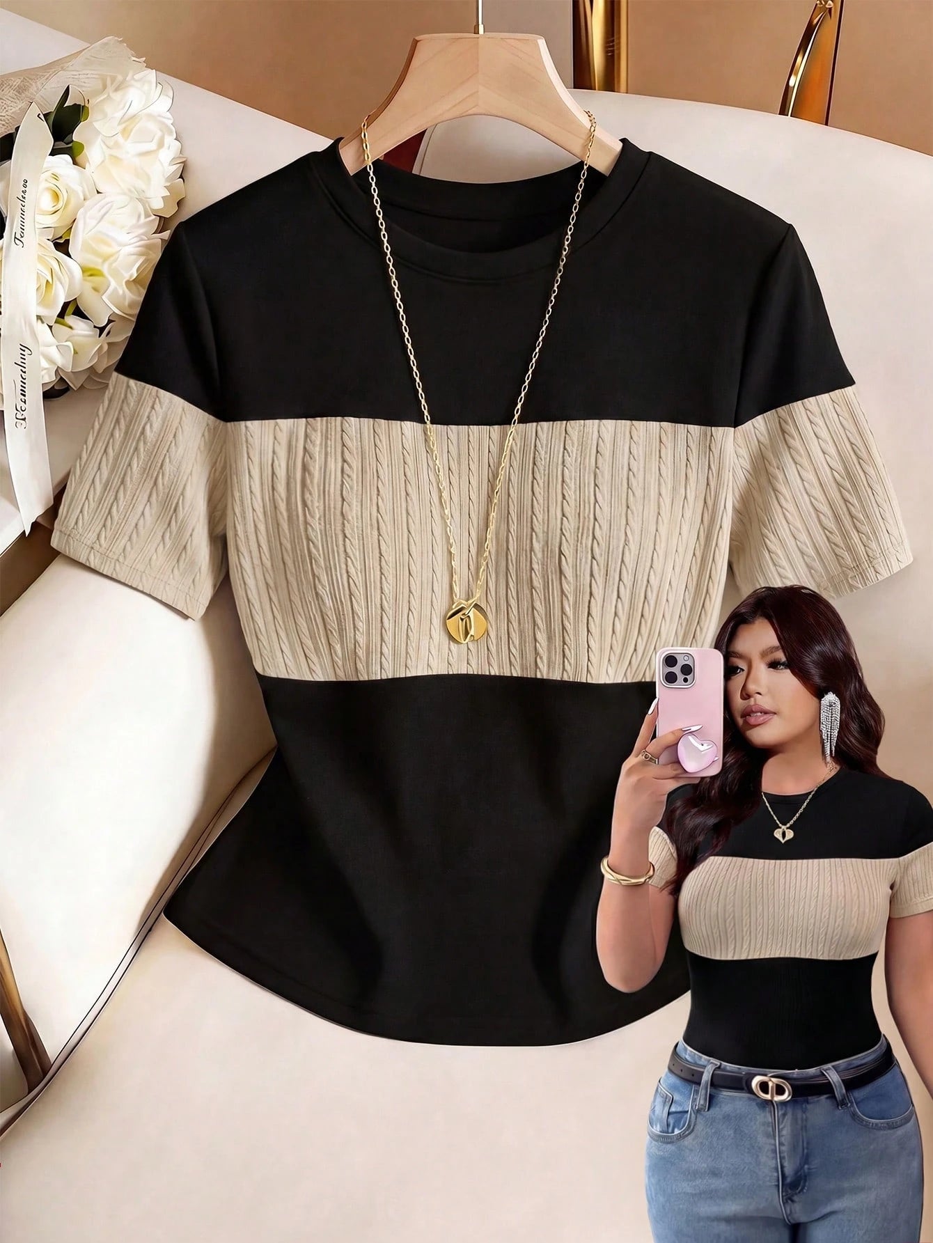 Franclia Plus Size Women's Black And Gold Patchwork Fitted Top Summer Business Casual Traditional