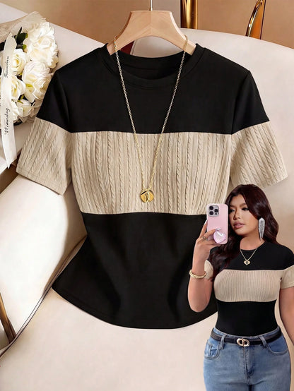 Franclia Plus Size Women's Black And Gold Patchwork Fitted Top Summer Business Casual Traditional