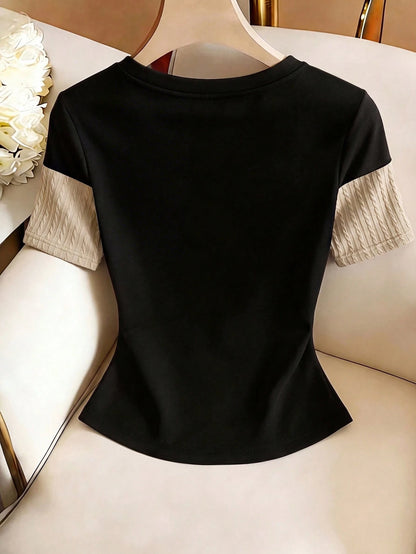 Franclia Plus Size Women's Black And Gold Patchwork Fitted Top Summer Business Casual Traditional