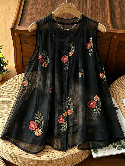 Franclia Plus Size Women's Single-Breasted Embroidered 3D Floral Design Sleeveless Blouse