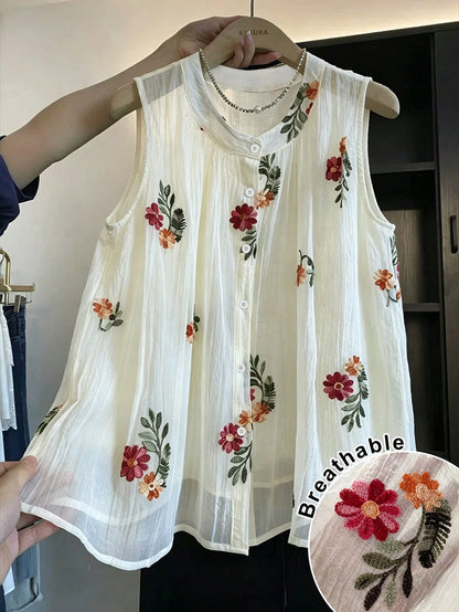 Franclia Plus Size Women's Single-Breasted Embroidered 3D Floral Design Sleeveless Blouse
