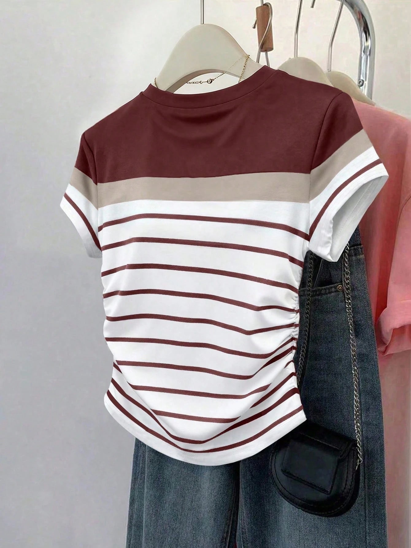 Franclia Plus Size Women's Summer Striped Print T-Shirt,Waist Cinched Smart Casual Tops,White Sequence,Vacation Stylish Comfortable Wear For Travel&Shopping
