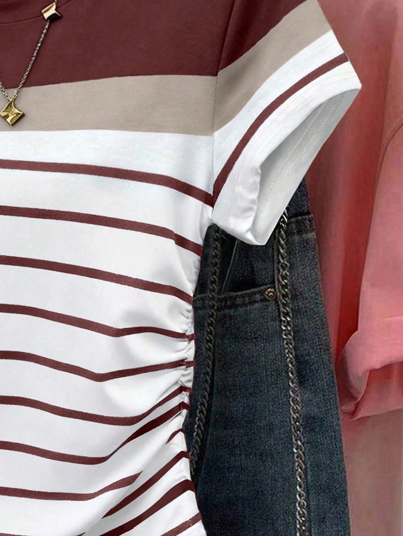 Franclia Plus Size Women's Summer Striped Print T-Shirt,Waist Cinched Smart Casual Tops,White Sequence,Vacation Stylish Comfortable Wear For Travel&Shopping