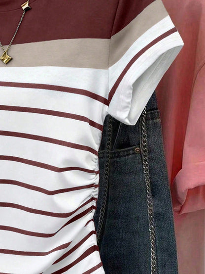 Franclia Plus Size Women's Summer Striped Print T-Shirt,Waist Cinched Smart Casual Tops,White Sequence,Vacation Stylish Comfortable Wear For Travel&Shopping