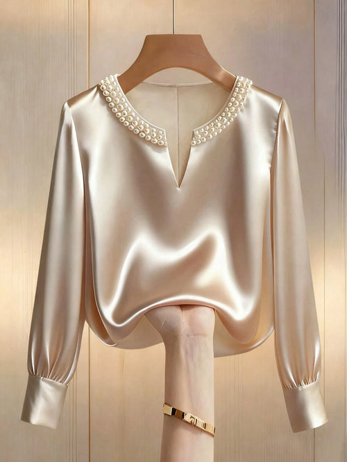 Franclia Women Champagne Elegant Pearl Embellished V-Neck Satin Long-Sleeved Shirt Loose Fit Office Wear Dinner For Autumn Teachers' Day Party Commuting Blouse