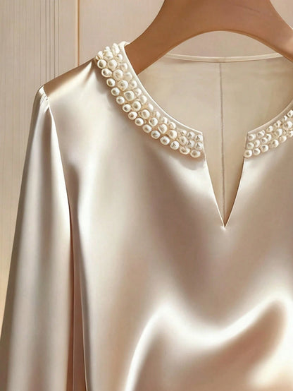 Franclia Women Champagne Elegant Pearl Embellished V-Neck Satin Long-Sleeved Shirt Loose Fit Office Wear Dinner For Autumn Teachers' Day Party Commuting Blouse