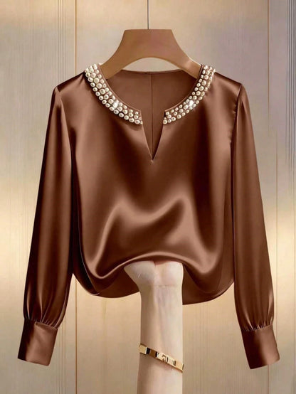 Franclia Women Champagne Elegant Pearl Embellished V-Neck Satin Long-Sleeved Shirt Loose Fit Office Wear Dinner For Autumn Teachers' Day Party Commuting Blouse