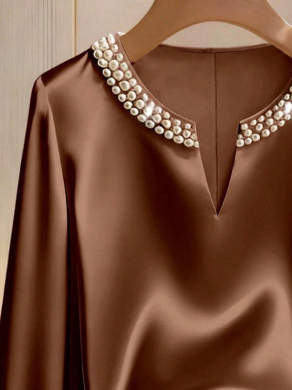 Franclia Women Champagne Elegant Pearl Embellished V-Neck Satin Long-Sleeved Shirt Loose Fit Office Wear Dinner For Autumn Teachers' Day Party Commuting Blouse