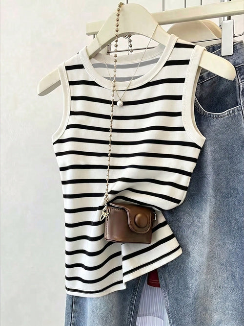 Franclia Women's Casual Daily Wear Round Neck Striped Tank Top, Summer