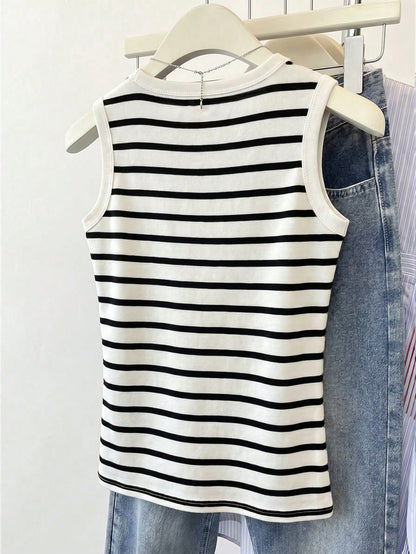 Franclia Women's Casual Daily Wear Round Neck Striped Tank Top, Summer