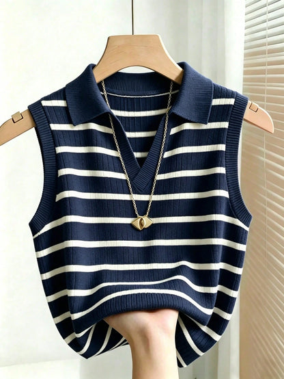 Franclia Women's Casual Elegant Knitted Collared Striped Vest