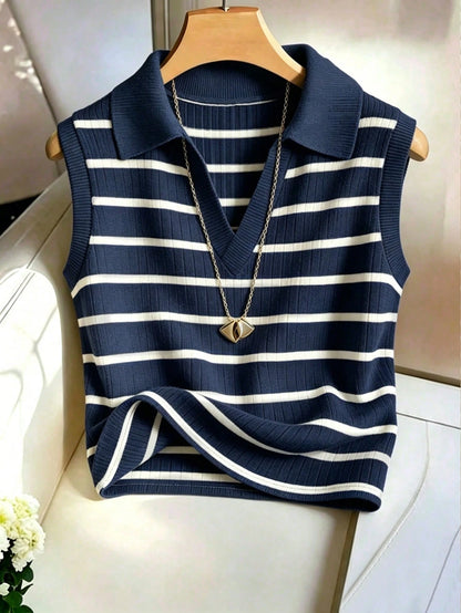 Franclia Women's Casual Elegant Knitted Collared Striped Vest
