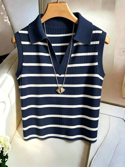Franclia Women's Casual Elegant Knitted Collared Striped Vest