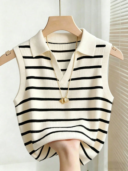 Franclia Women's Casual Elegant Knitted Collared Striped Vest