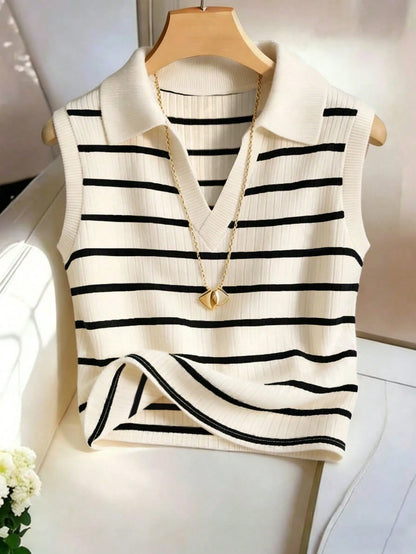Franclia Women's Casual Elegant Knitted Collared Striped Vest