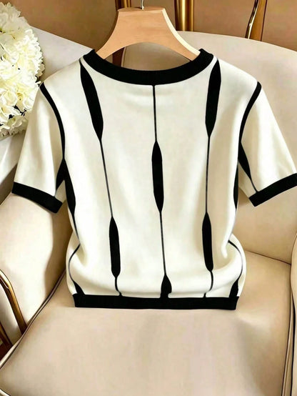 Franclia Women's Contrast Color Round Neck Short Sleeve Casual Versatile T-Shirt