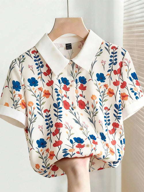 Franclia Women's Elegant Floral Print Off-White Short-Sleeved Collared Shirt,Loose Casual Summer Top For Brunch,Beach,Vacation,Office,Workwear,Metal Button