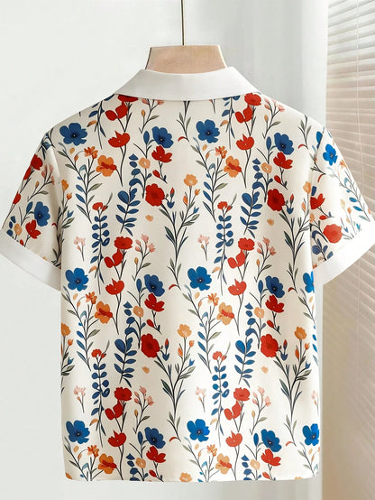 Franclia Women's Elegant Floral Print Off-White Short-Sleeved Collared Shirt,Loose Casual Summer Top For Brunch,Beach,Vacation,Office,Workwear,Metal Button
