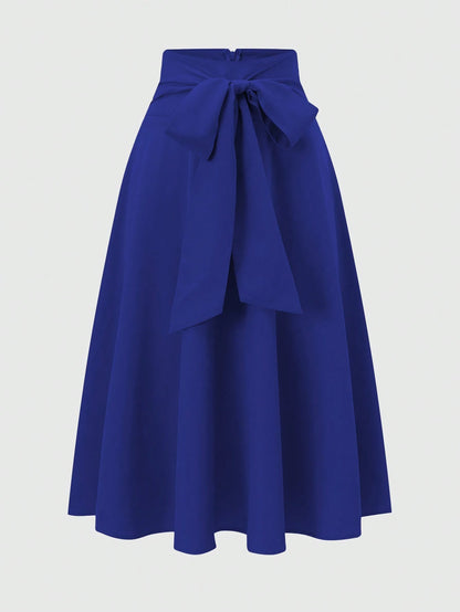 Franclia Women's Elegant Solid Color Tie Waist Blue Skirt