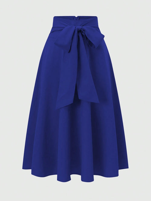 Franclia Women's Elegant Solid Color Tie Waist Blue Skirt