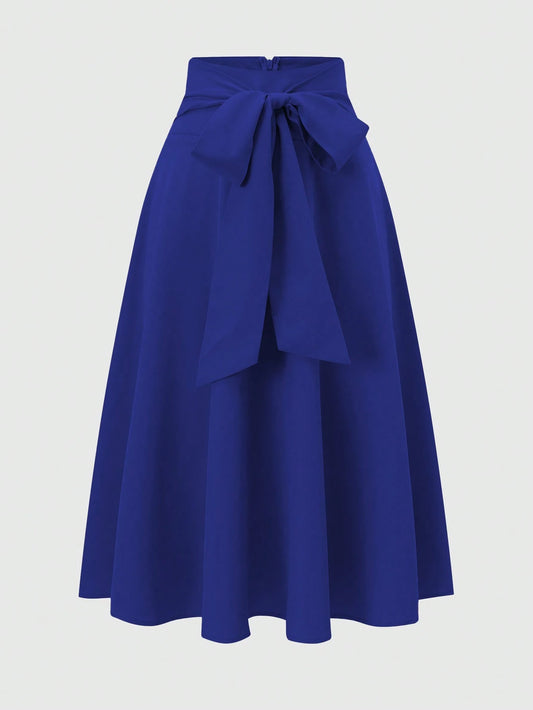 Franclia Women's Elegant Solid Color Tie Waist Blue Skirt