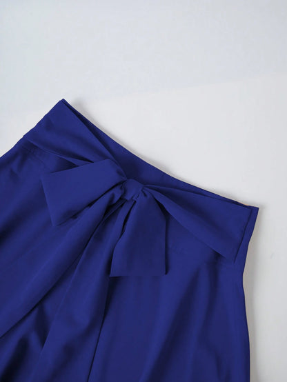 Franclia Women's Elegant Solid Color Tie Waist Blue Skirt