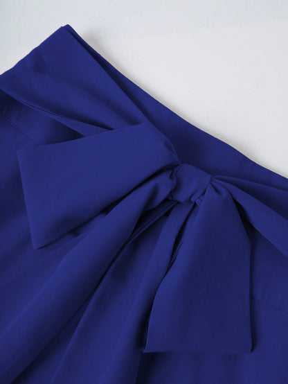 Franclia Women's Elegant Solid Color Tie Waist Blue Skirt