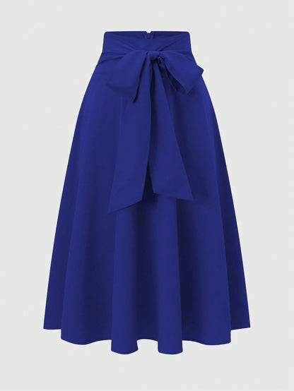 Franclia Women's Elegant Solid Color Tie Waist Blue Skirt