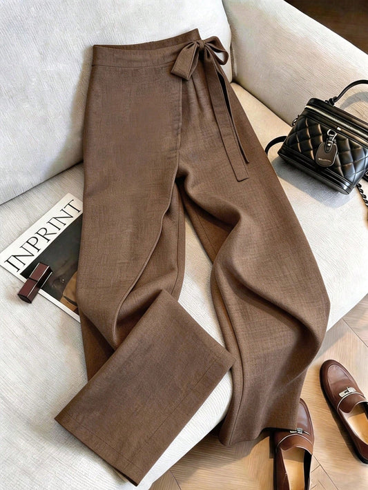 Franclia Women's Summer Brown Elegant Office High Waist Wrap-Style Wide Leg Pants, Retro Linen Tied 2 In 1 Loose Skort, Zen-Style Slouchy Flowy Business