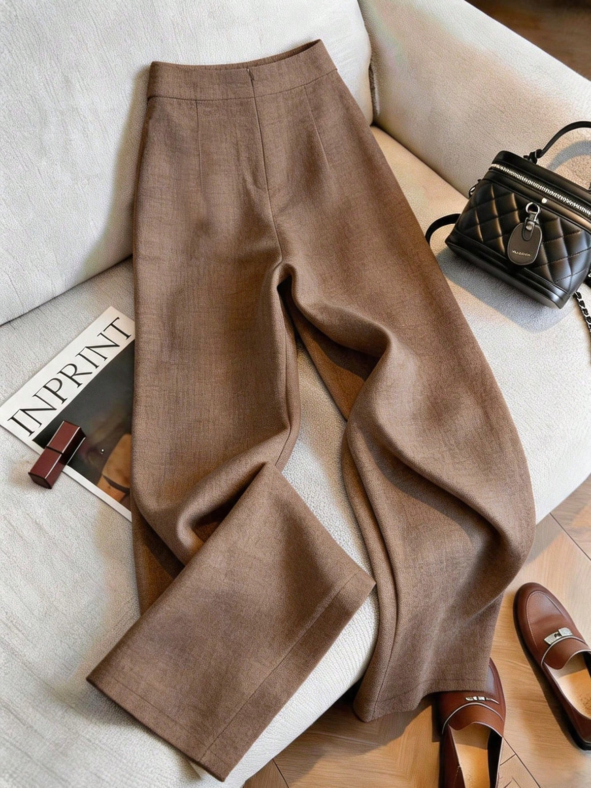 Franclia Women's Summer Brown Elegant Office High Waist Wrap-Style Wide Leg Pants, Retro Linen Tied 2 In 1 Loose Skort, Zen-Style Slouchy Flowy Business