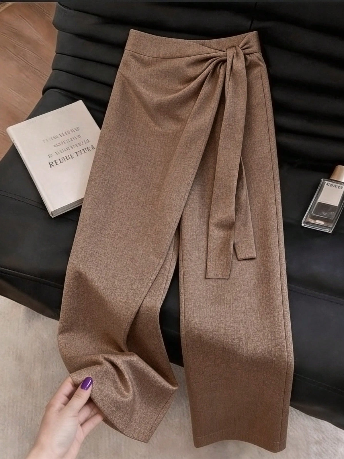 Franclia Women's Summer Brown Elegant Office High Waist Wrap-Style Wide Leg Pants, Retro Linen Tied 2 In 1 Loose Skort, Zen-Style Slouchy Flowy Business