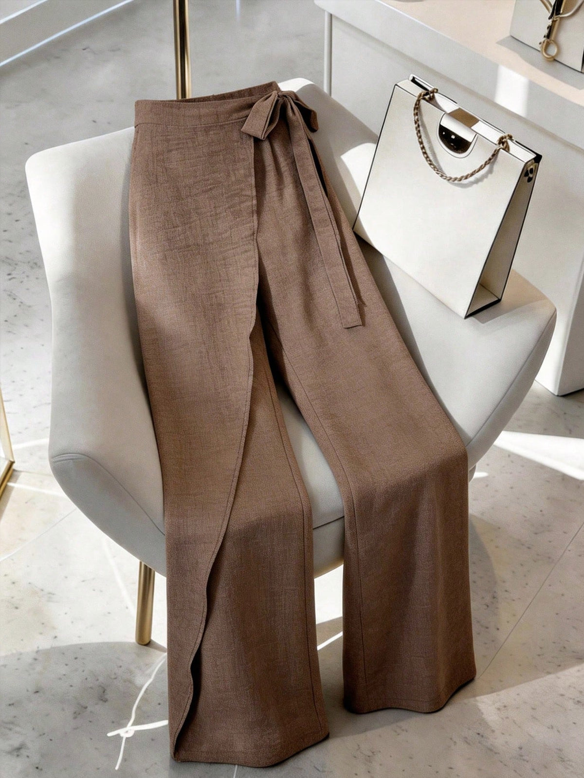 Franclia Women's Summer Brown Elegant Office High Waist Wrap-Style Wide Leg Pants, Retro Linen Tied 2 In 1 Loose Skort, Zen-Style Slouchy Flowy Business