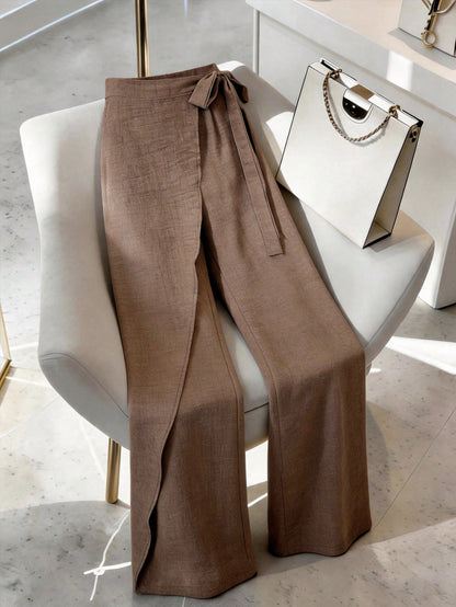 Franclia Women's Summer Brown Elegant Office High Waist Wrap-Style Wide Leg Pants, Retro Linen Tied 2 In 1 Loose Skort, Zen-Style Slouchy Flowy Business