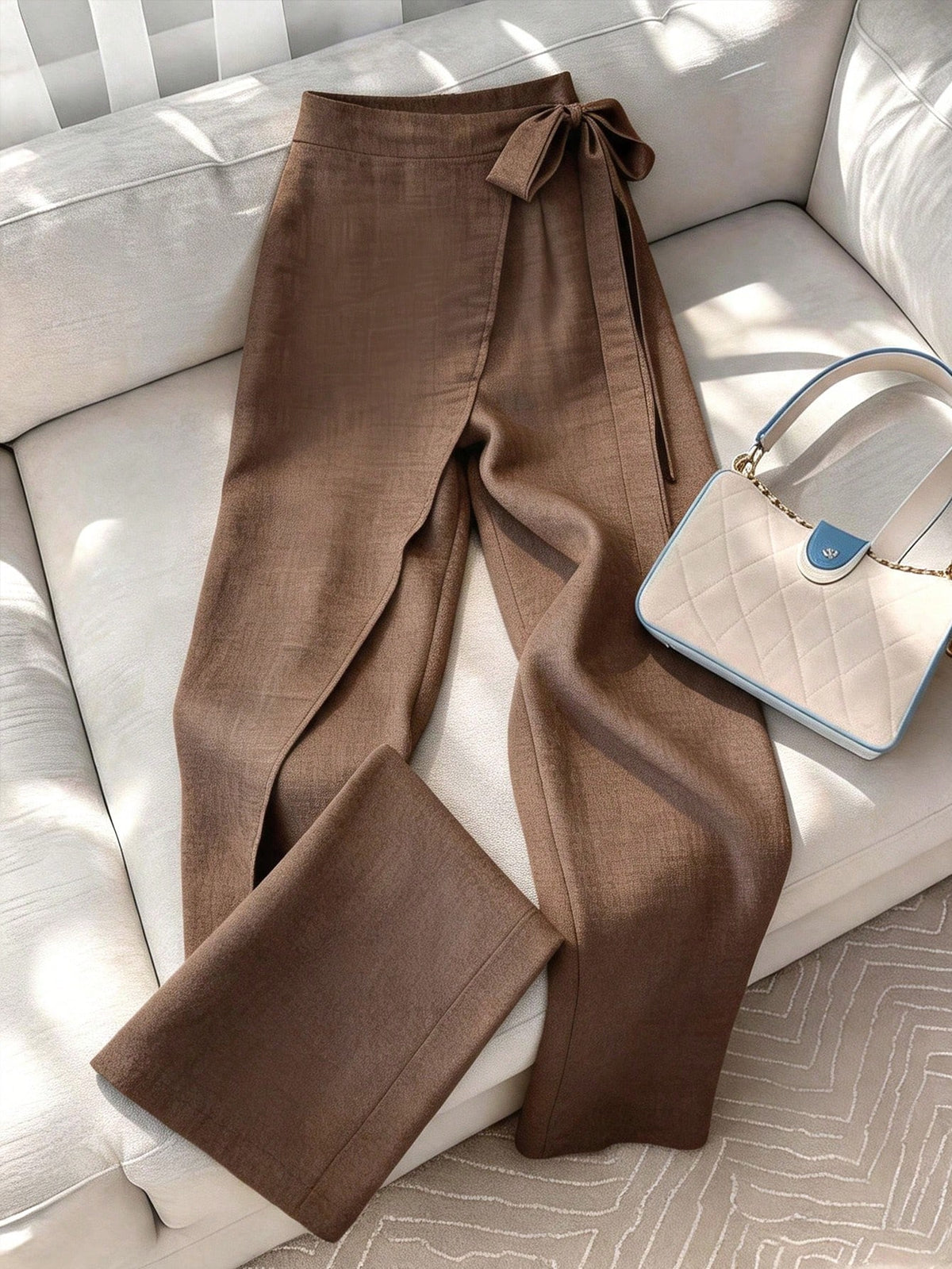 Franclia Women's Summer Brown Elegant Office High Waist Wrap-Style Wide Leg Pants, Retro Linen Tied 2 In 1 Loose Skort, Zen-Style Slouchy Flowy Business
