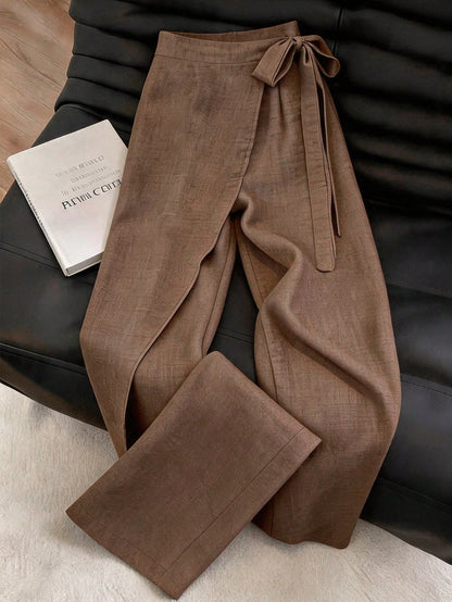 Franclia Women's Summer Brown Elegant Office High Waist Wrap-Style Wide Leg Pants, Retro Linen Tied 2 In 1 Loose Skort, Zen-Style Slouchy Flowy Business