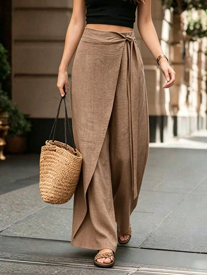 Franclia Women's Summer Brown Elegant Office High Waist Wrap-Style Wide Leg Pants, Retro Linen Tied 2 In 1 Loose Skort, Zen-Style Slouchy Flowy Business