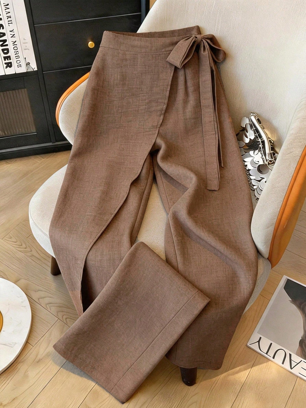 Franclia Women's Summer Brown Elegant Office High Waist Wrap-Style Wide Leg Pants, Retro Linen Tied 2 In 1 Loose Skort, Zen-Style Slouchy Flowy Business