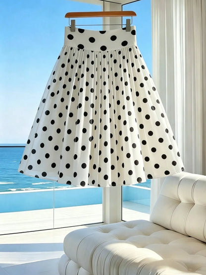 Franclia Women's Summer Minimalist Elegant Chiffon Retro Black & White Classic Polka Dot Print Short Skirt (With Lining) Suitable For Vacation, Date Night, Commuting, Daily Wear, Y2K