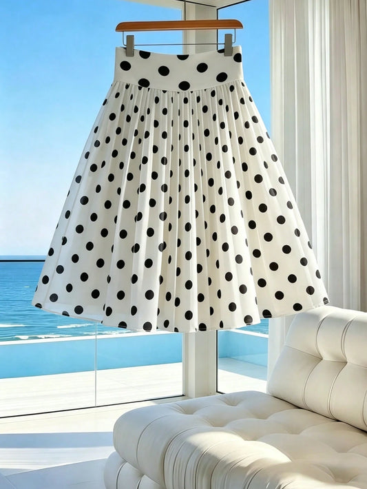 Franclia Women's Summer Minimalist Elegant Chiffon Retro Black & White Classic Polka Dot Print Short Skirt (With Lining) Suitable For Vacation, Date Night, Commuting, Daily Wear, Y2K
