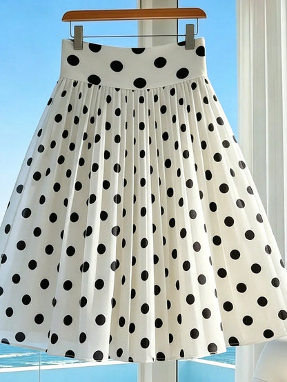 Franclia Women's Summer Minimalist Elegant Chiffon Retro Black & White Classic Polka Dot Print Short Skirt (With Lining) Suitable For Vacation, Date Night, Commuting, Daily Wear, Y2K