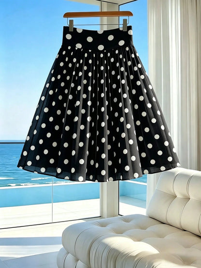 Franclia Women's Summer Minimalist Elegant Chiffon Retro Black & White Classic Polka Dot Print Short Skirt (With Lining) Suitable For Vacation, Date Night, Commuting, Daily Wear, Y2K