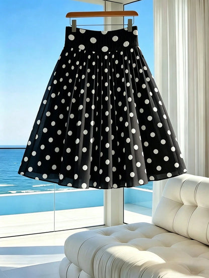 Franclia Women's Summer Minimalist Elegant Chiffon Retro Black & White Classic Polka Dot Print Short Skirt (With Lining) Suitable For Vacation, Date Night, Commuting, Daily Wear, Y2K