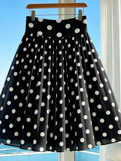 Franclia Women's Summer Minimalist Elegant Chiffon Retro Black & White Classic Polka Dot Print Short Skirt (With Lining) Suitable For Vacation, Date Night, Commuting, Daily Wear, Y2K