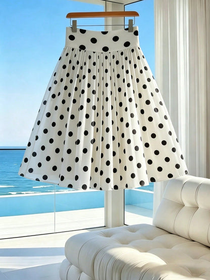 Franclia Women's Summer Minimalist Elegant Chiffon Retro Black & White Classic Polka Dot Print Short Skirt (With Lining) Suitable For Vacation, Date Night, Commuting, Daily Wear, Y2K