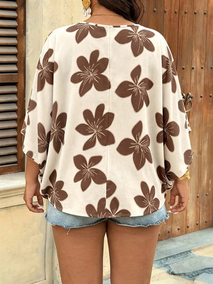 Freevana Casual Romantic Floral Print Plus Size V-Neck Blouse, Suitable For Spring And Summer Fall