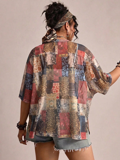 Freevana Sheer Mesh Patchwork Animal & Floral Print Plus Size Tee, Boho Sheer Top For Festival Beach Cover-Up